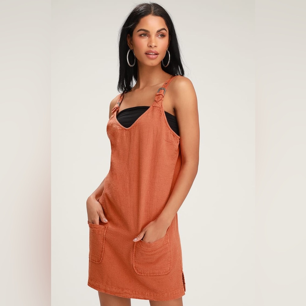 RVCA Teach That Rust Orange Linen Overall Dress
